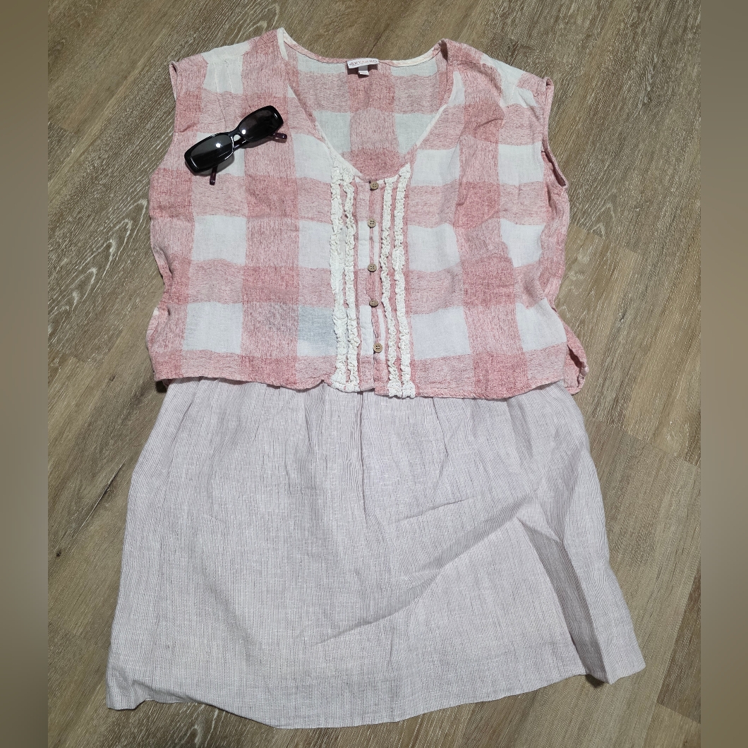 Shyanne Dusty Pink And Cream Plaid Linen Blend Top